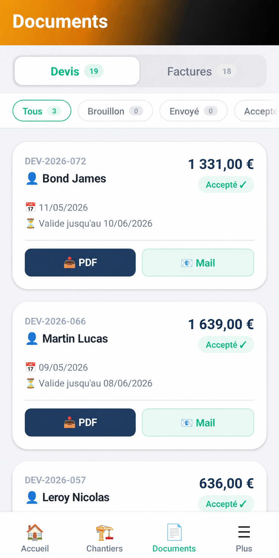 Écran Documents de l'application mobile Batflux
