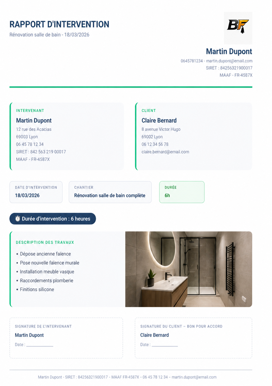 Rapport d'intervention artisan dans Batflux